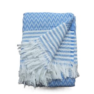 Cuvertura Old Fashion pentru pat dublu, dimensiunea 220x240 cm, 100% bumbac, zig-zag, bleu cu franjuri - 25 - imagine 2