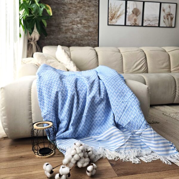 Cuvertura Old Fashion pentru pat dublu, dimensiunea 220x240 cm, 100% bumbac, zig-zag, bleu cu franjuri - 25
