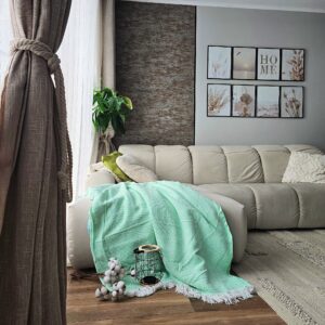 Cuvertura Old Fashion pentru pat dublu, dimensiunea 220x240 cm, 100% bumbac, verde kiwi cu franjuri - 26 - imagine 4