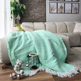 Cuvertura Old Fashion pentru pat dublu, dimensiunea 220x240 cm, 100% bumbac, verde kiwi cu franjuri - 26