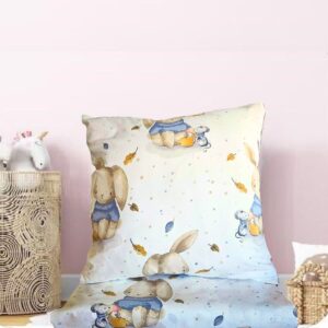 Pachet patut Kotonia Home Bebe - ranforce, 100 % bumbac, cearceaf pat si husa cu elastic si fata perna 40x40 cm, decor iepurasi bleu - imagine 2
