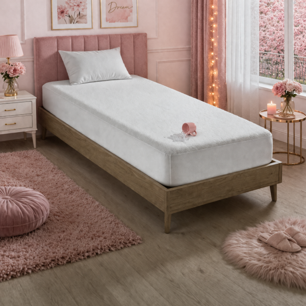 Husa impermeabila pat Kotonia Home – bumbac cauciucat, dimensiune saltea 80×200+25 cm, alb