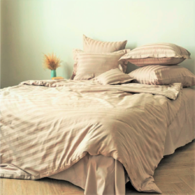 Lenjerie de pat Kotonia Home Hotel King Size, 100% bumbac, Damasc Saten dunga 1 cm, cappuccino