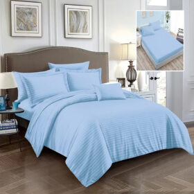 Lenjerie de pat Kotonia Home Hotel King Size, 100% bumbac, Damasc Saten dunga 1 cm, bleu ciel