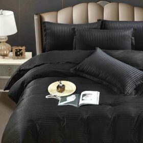 Lenjerie de pat Kotonia Home Hotel King Size, 100% bumbac, Damasc Saten dunga 1 cm, negru