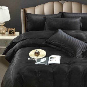 Lenjerie de pat Kotonia Home Hotel King Size, 100% bumbac, Damasc Saten dunga 1 cm, negru