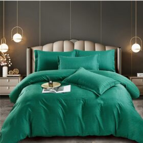 Lenjerie de pat Kotonia Home Hotel King Size, 100% bumbac, Damasc Saten dunga 1 cm, verde smarald