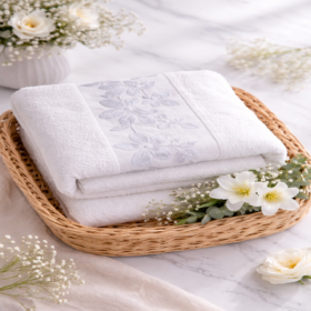 Prosop baie Kotonia Home - catifea, 100% Bumbac, decor floral satinat, alb