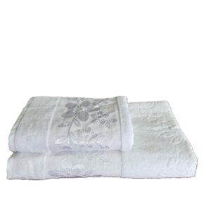 Pachet 2 prosoape baie Kotonia Home - catifea, 100% Bumbac, 50x90 cm si 70x140 cm, decor floral satinat, alb - imagine 6