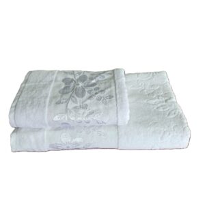 Pachet 2 prosoape baie Kotonia Home - catifea, 100% Bumbac, 50x90 cm si 70x140 cm, decor floral satinat, alb - imagine 3