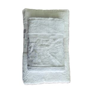 Pachet 2 prosoape baie Kotonia Home - catifea, 100% Bumbac, 50x90 cm si 70x140 cm, decor floral satinat, alb - imagine 5