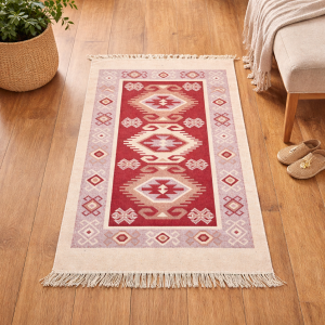Covor tesut - Decor traditional, fond rosu si nuante de crem – 03 - imagine 2