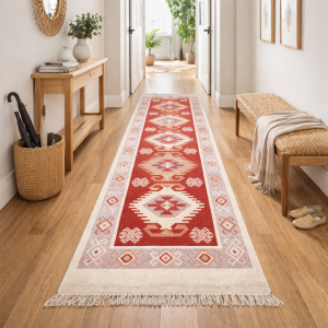 Covor tesut - Decor traditional, fond rosu si nuante de crem – 03 - imagine 3