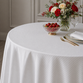 Fata de masa Kotonia Home Hotel - rotunda, diametru 240 cm, Damasc, 100% bumbac, latime dungi 1 cm, alb
