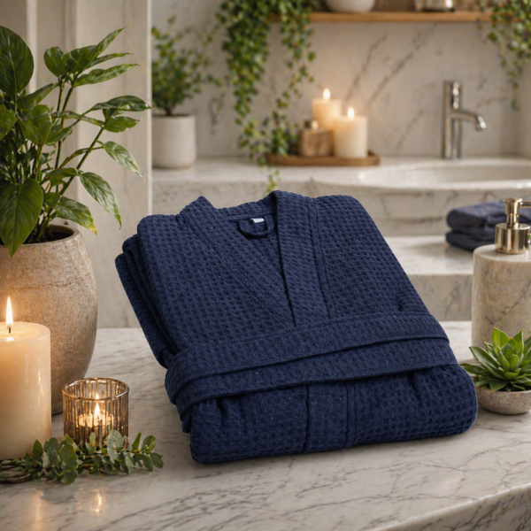 Halat cu guler pentru sauna - Kotonia Home - fagure, 100% bumbac, bleumarin