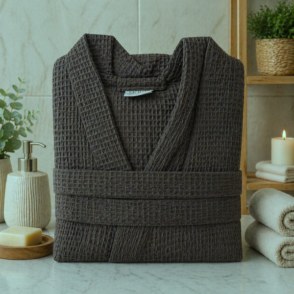Halat cu guler pentru sauna, tesatura gofrata, 100% bumbac - Maro brun