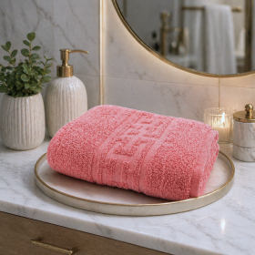 Prosop baie Greek Border Jacquard - 100% Bumbac, 500 g/mp, corai