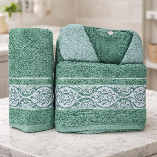Set baie – halat cu guler si doua prosoape baie Kotonia Home Spa – prosop jacquard, 100% bumbac, verde- 35