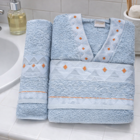 Set baie – halat cu guler si doua prosoape baie Kotonia Home Spa – prosop jacquard, 100% bumbac, bleu - 55