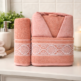 Set baie – halat cu guler si doua prosoape baie Kotonia Home Spa – prosop jacquard, 100% bumbac, corai- 65
