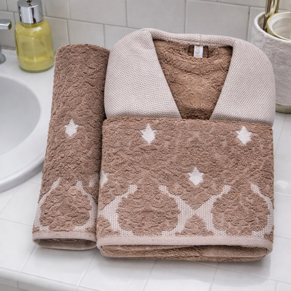 Set baie – halat cu guler si doua prosoape baie Kotonia Home Spa – prosop jacquard, 100% bumbac, maro - 51