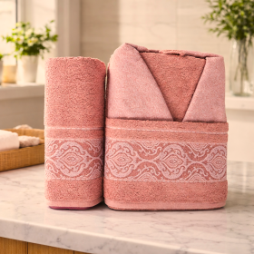 Set baie – halat cu guler si doua prosoape baie Kotonia Home Spa – prosop jacquard, 100% bumbac, roz- 66