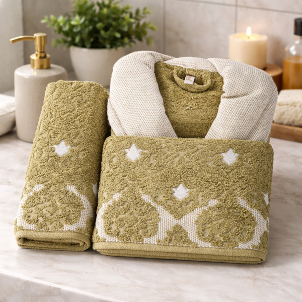 Set baie – halat cu guler si doua prosoape baie Kotonia Home Spa – prosop jacquard, 100% bumbac, verde olive - 34