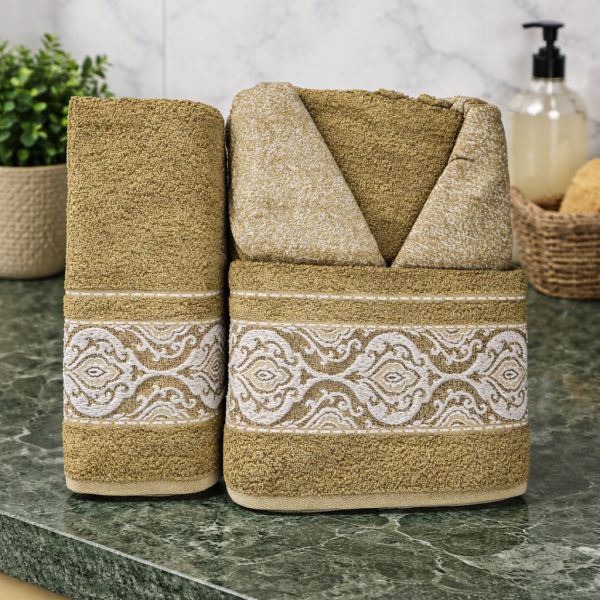 Set baie – halat cu guler si doua prosoape baie Kotonia Home Spa – prosop jacquard, 100% bumbac, verde olive - 36