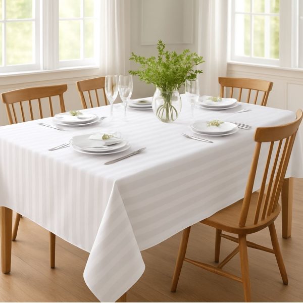 Fata de masa Kotonia Home - 150x230 cm, 100% bumbac, damasc cu latime dungi 1 cm, alb