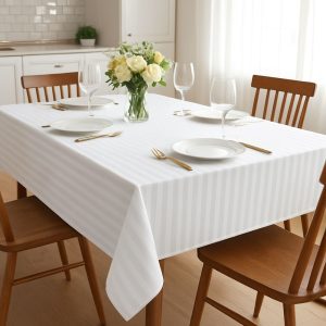 Fata de masa Kotonia Home - 150x230 cm, 100% bumbac, damasc cu latime dungi 1 cm, alb - imagine 3