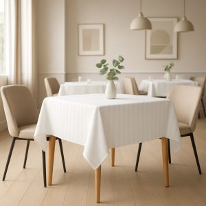 Fata de masa Kotonia Home - 110x150 cm, Damasc, 100% bumbac, latime dungi 1 cm, alb - imagine 3