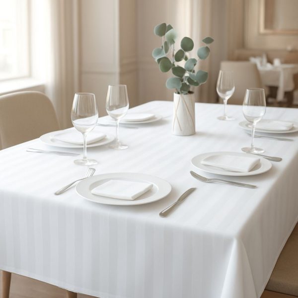 Fata de masa Kotonia Home - 150x230 cm, 100% bumbac, Damasc cu latime dungi 2 cm, alb