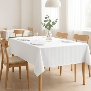 Fata de masa Kotonia Home - 150x230 cm, 100% bumbac, Damasc cu latime dungi 2 cm, alb - imagine 3