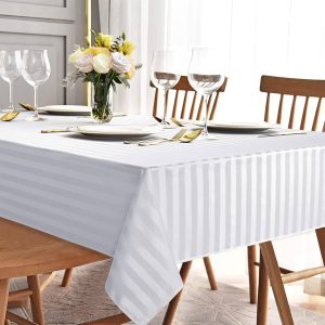 Fata de masa Kotonia Home - 150x230 cm, 100% bumbac, damasc cu latime dungi 1 cm, alb - imagine 2