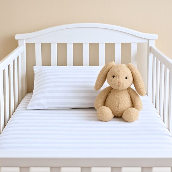 Lenjerie completa patut Kotonia Home Bebe - damasc cu latime dungi 2 cm, 100% bumbac, alb