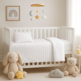 Lenjerie completa patut Kotonia Home Bebe - damasc cu latime dungi 1 cm, 100% bumbac, alb