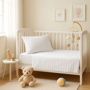 Lenjerie completa patut Kotonia Home Bebe - damasc cu latime dungi 1 cm, 100% bumbac, alb - imagine 2