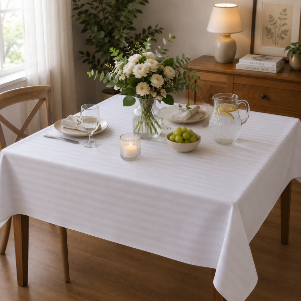 Fata de masa Kotonia Home - 110x150 cm, 100% bumbac, damasc cu latime dungi 2 cm, alb