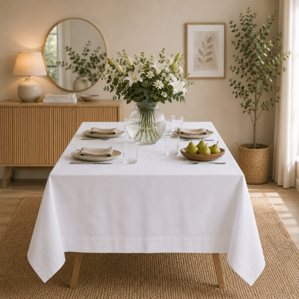 Fata de masa Kotonia Home Hotel, 100% bumbac, Ranforce sanforizat,180 gr/mp, dimensiunea 180x320 cm, alb