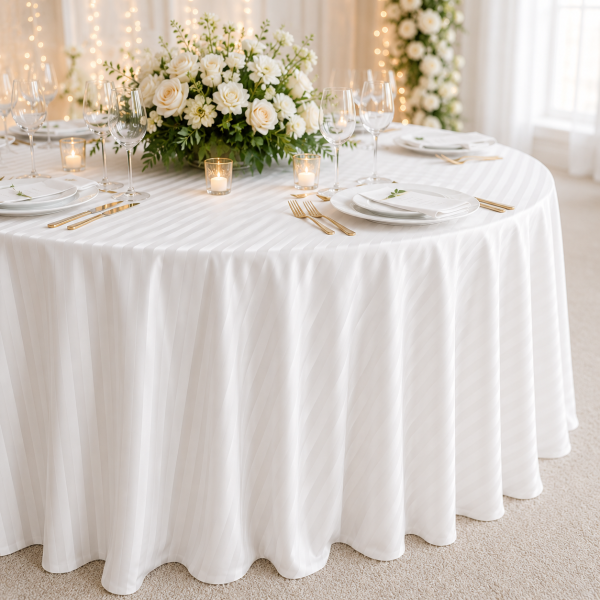 Fata de masa Kotonia Home Hotel – rotunda, diametru 240 cm, Damasc, 100% bumbac, latime dungi 2 cm, alb