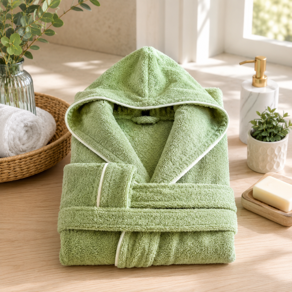Halat de baie cu gluga Kotonia Home - pentru adulti, 100% bumbac, 500g/mp, tesatura prosop jacquard, fistic