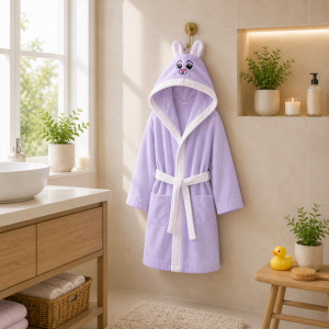 Halat de baie cu gluga cu broderie pentru copii Kotonia Home - 100% bumbac, tesatura prosop catifea, lila - imagine 2