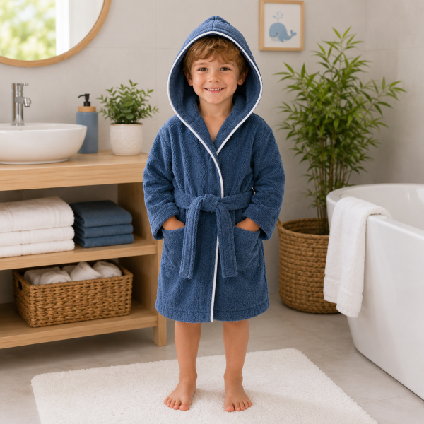 Halat de baie cu gluga pentru copii Kotonia Home, 100% bumbac, tesatura prosop jacquard, albastru