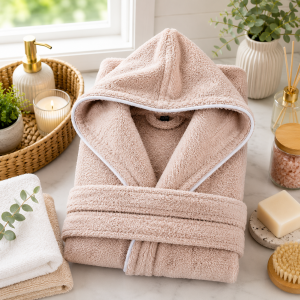 Halat de baie cu gluga pentru copii Kotonia Home, 100% bumbac, tesatura prosop jacquard, bej - imagine 2