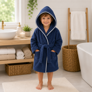 Halat de baie cu gluga pentru copii Kotonia Home, 100% bumbac, tesatura prosop jacquard, bleumarin