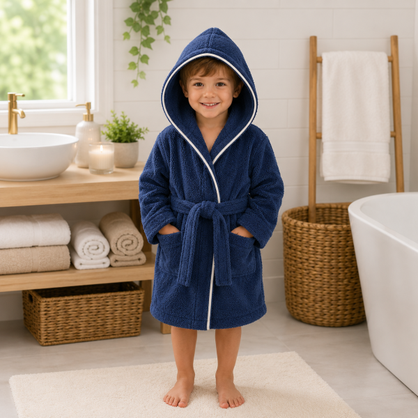 Halat de baie cu gluga pentru copii Kotonia Home, 100% bumbac, tesatura prosop jacquard, bleumarin