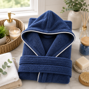 Halat de baie cu gluga pentru copii Kotonia Home, 100% bumbac, tesatura prosop jacquard, bleumarin - imagine 2