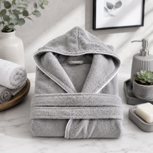 Halat de baie cu gluga pentru copii Kotonia Home, 100% bumbac, tesatura prosop jacquard, gri - imagine 2