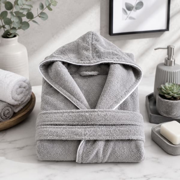 Halat de baie cu gluga Kotonia Home - pentru adulti, 100% bumbac, 500g/mp, tesatura prosop jacquard, gri