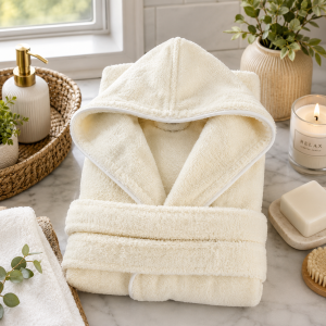 Halat de baie cu gluga pentru copii Kotonia Home, 100% bumbac, tesatura prosop jacquard, ivoire - imagine 2